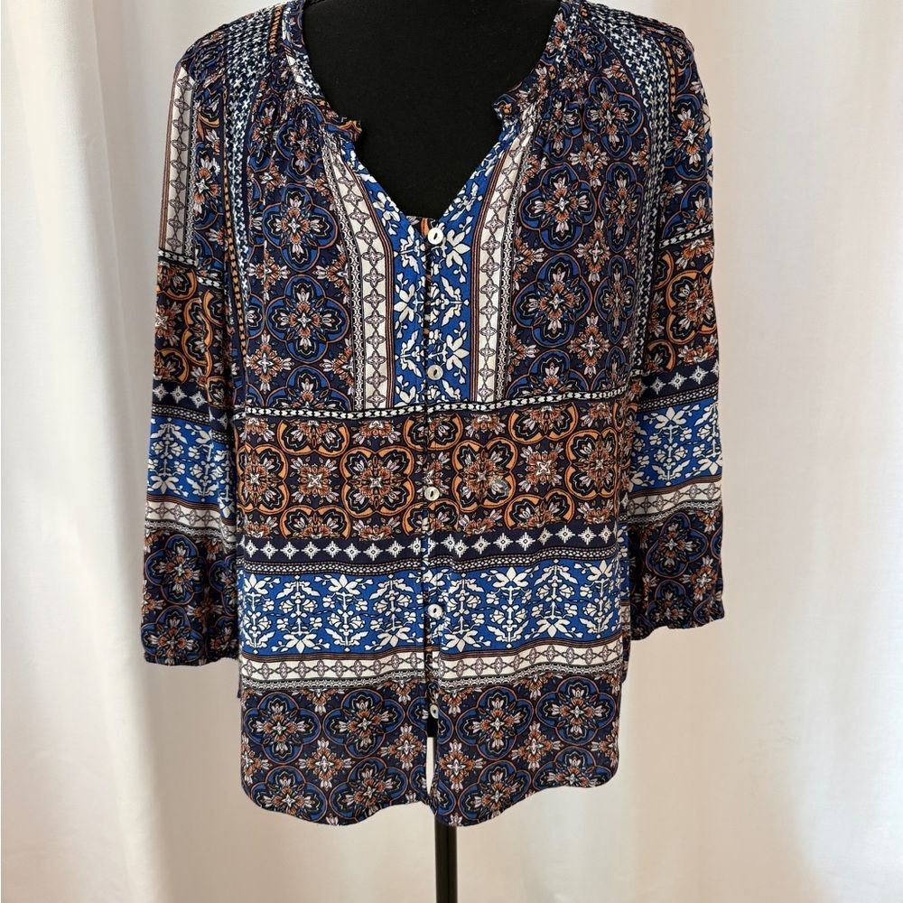 Pale Sky Boho Print Button Front Blouse Navy/Blue Size M